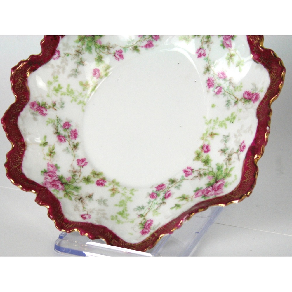 Moritz Zdekauer MZ Austria Antique Scalloped Saucer Pink Rose Gold Burgundy Red - Picture 5 of 6